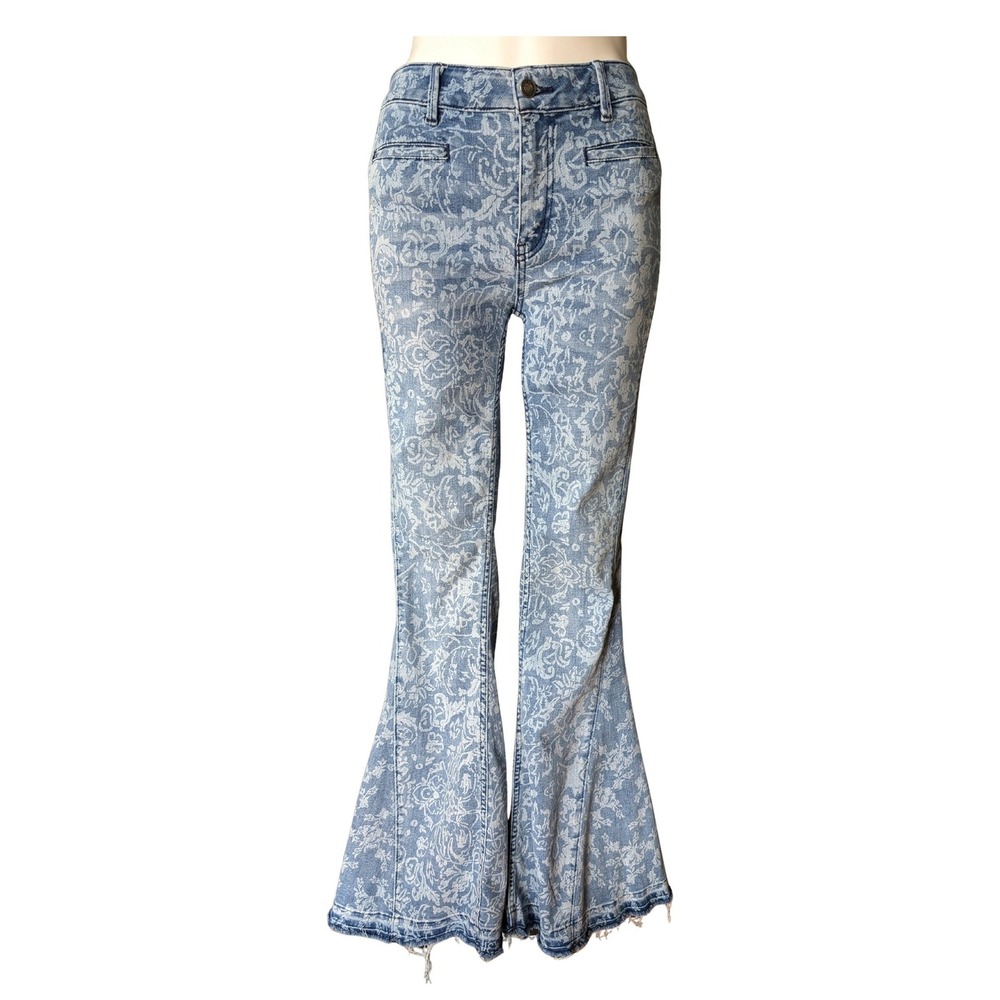 We The Free People Just Float On Flare Jeans Blue Floral Paisley Print Size 29